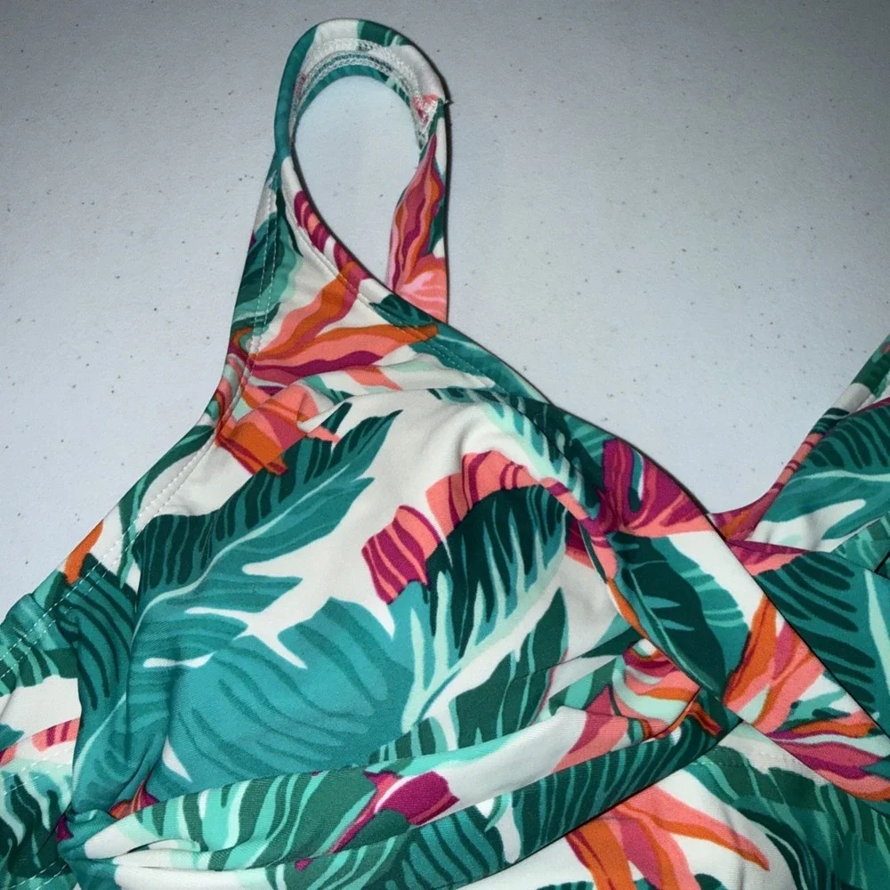 Kona Sol‎ Tropical Floral Palm Print One Piece Swimsuit Green Pink Small 4-6
